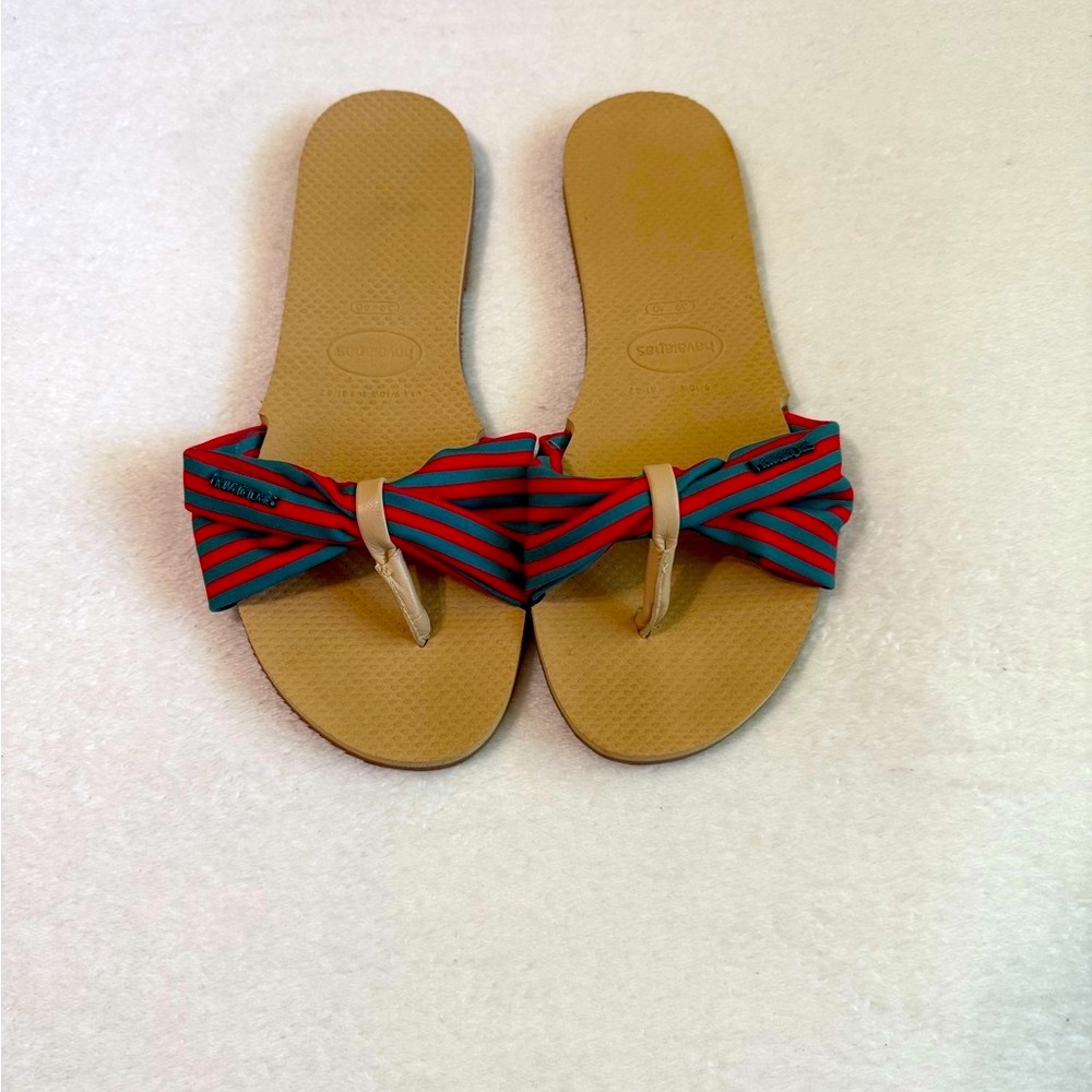 Like NEW! Havaianas Women's Sandals - Red and Green Stripe. Size 39-40. Size 9